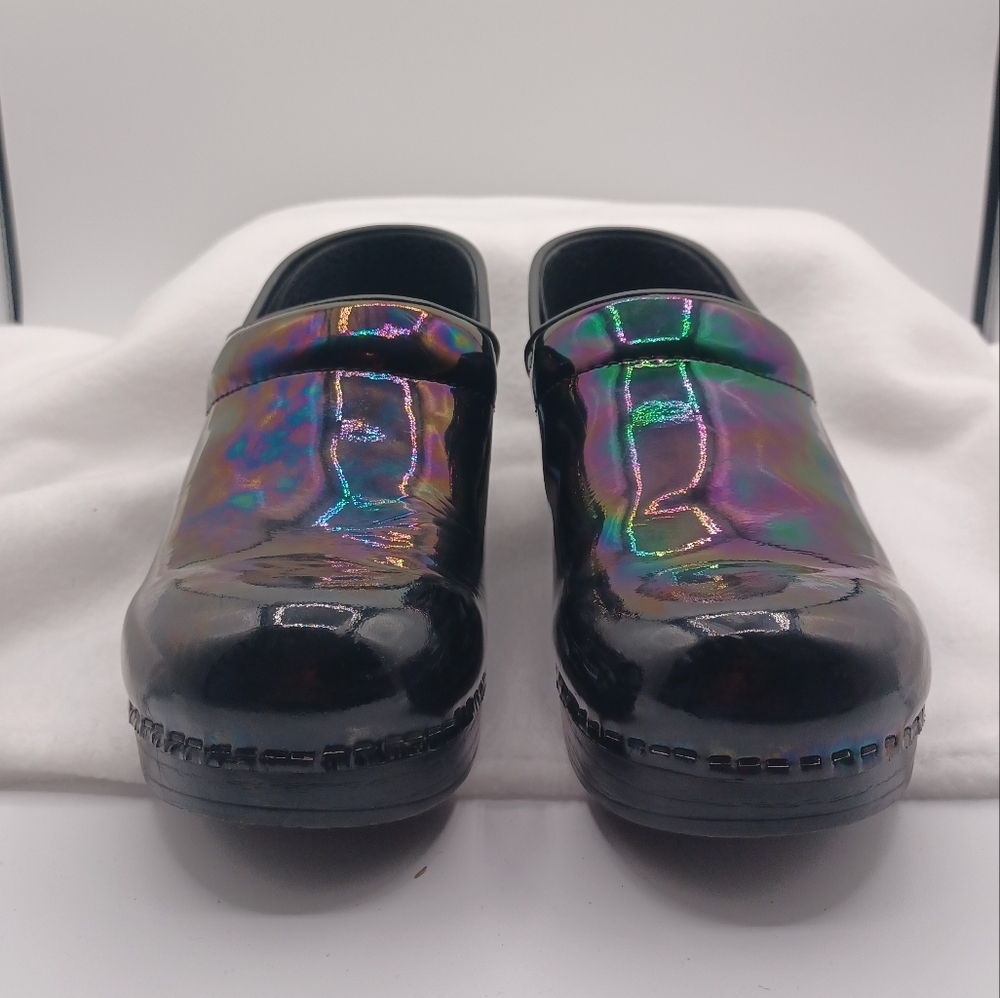 Dansko Women's Iridescent Black Patent Clogs - oil slick